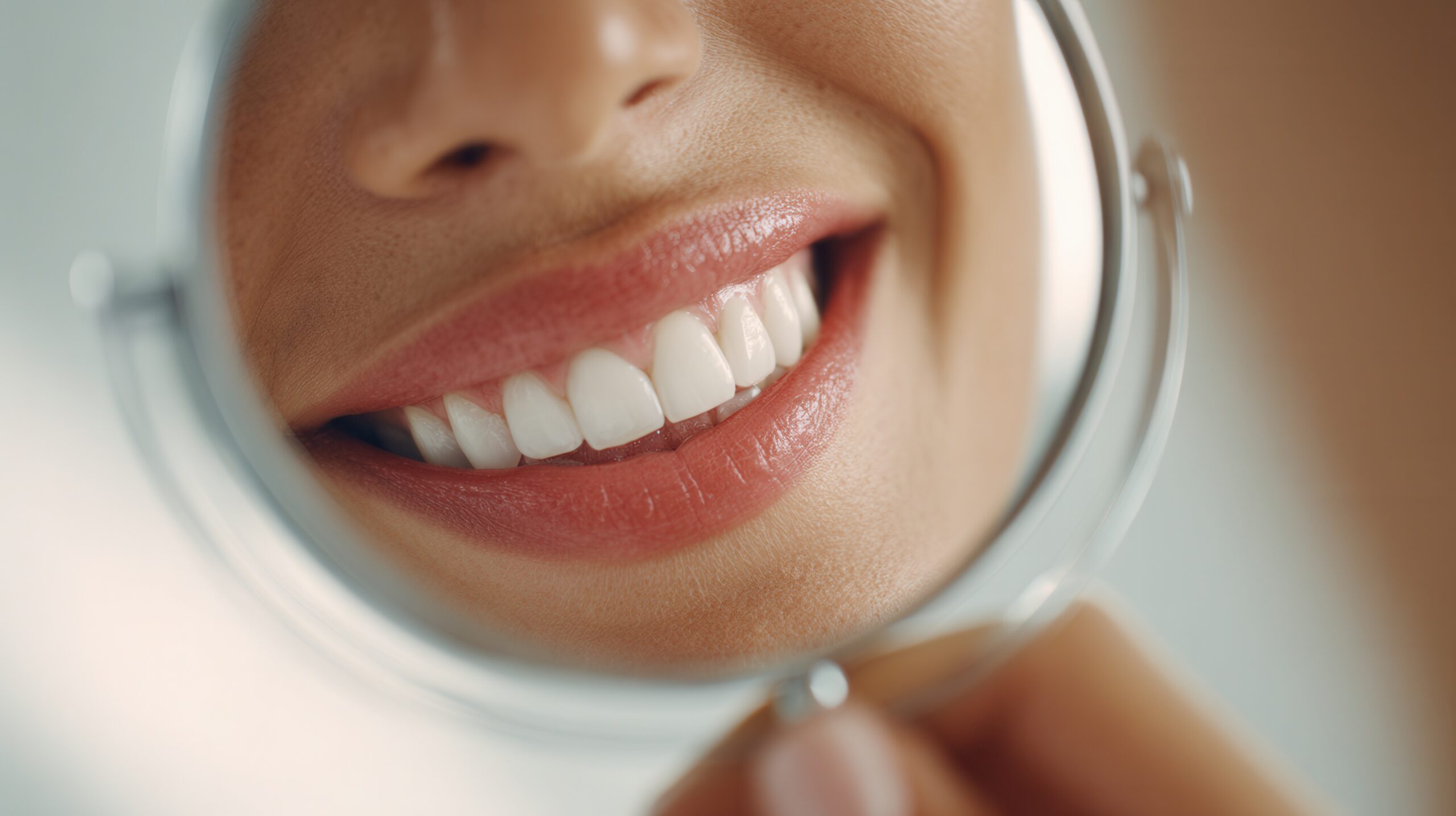 Smile with porcelain veneers reflected in a hand mirror